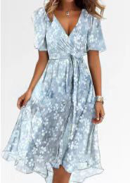 Women's V-Neck Floral Chiffon Midi Dress — Flutter Sleeve Tie Waist Boho Wrap Dress with Handkerchief Hem, Flowy Casual Summer Beach Dress S–3XL in 16 Prints