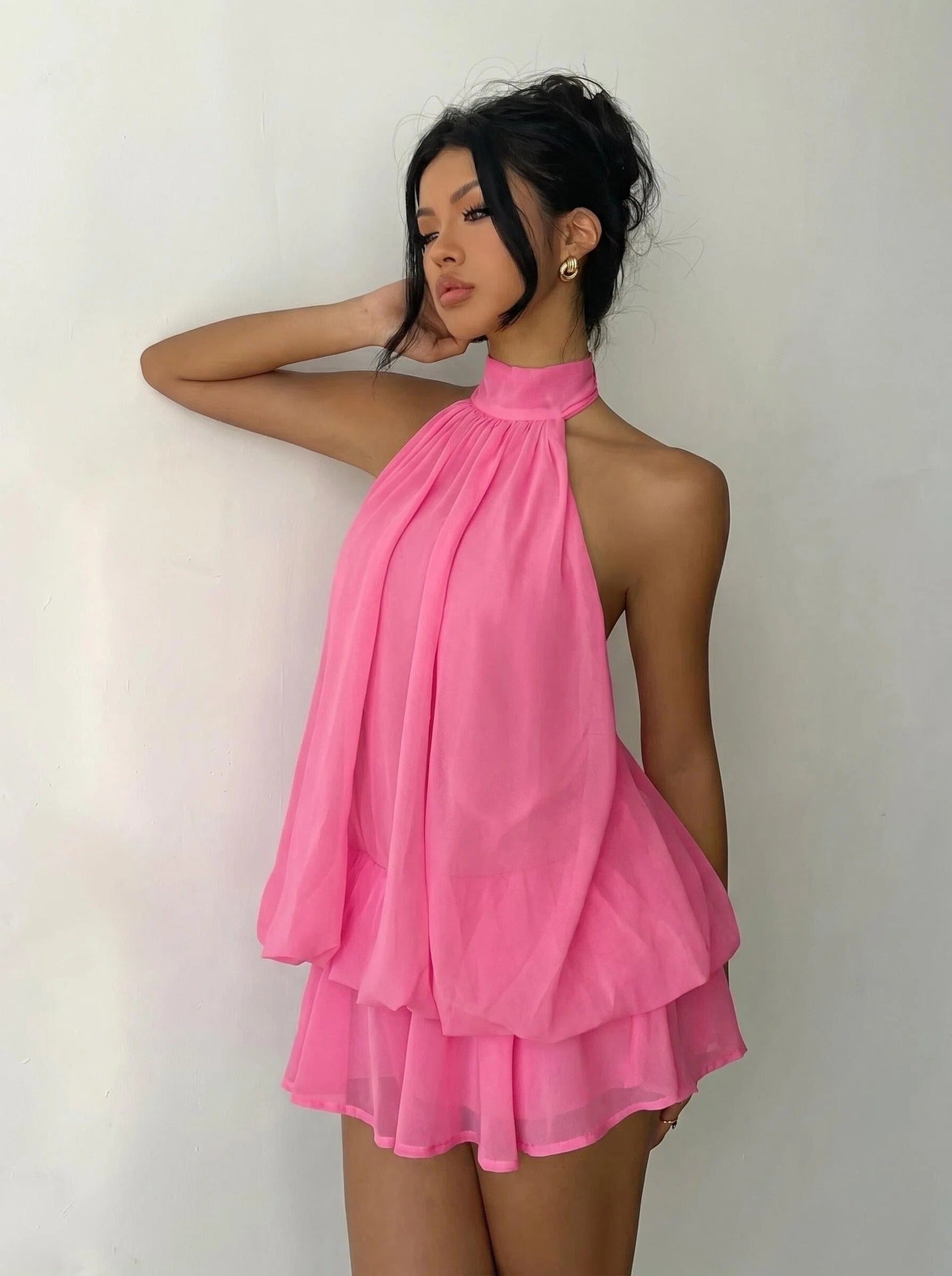 Sexy Chiffon Halter Mini Dress for Women, Island Vacation Backless Flowy Beach Dress, Summer Tea Dress