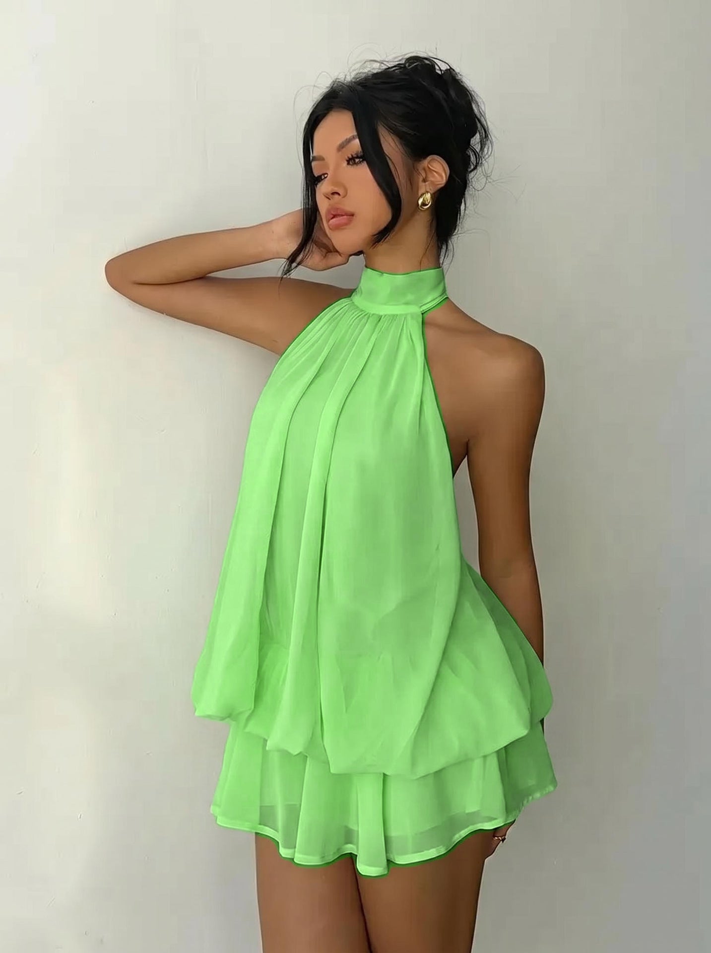 Sexy Chiffon Halter Mini Dress for Women, Island Vacation Backless Flowy Beach Dress, Summer Tea Dress
