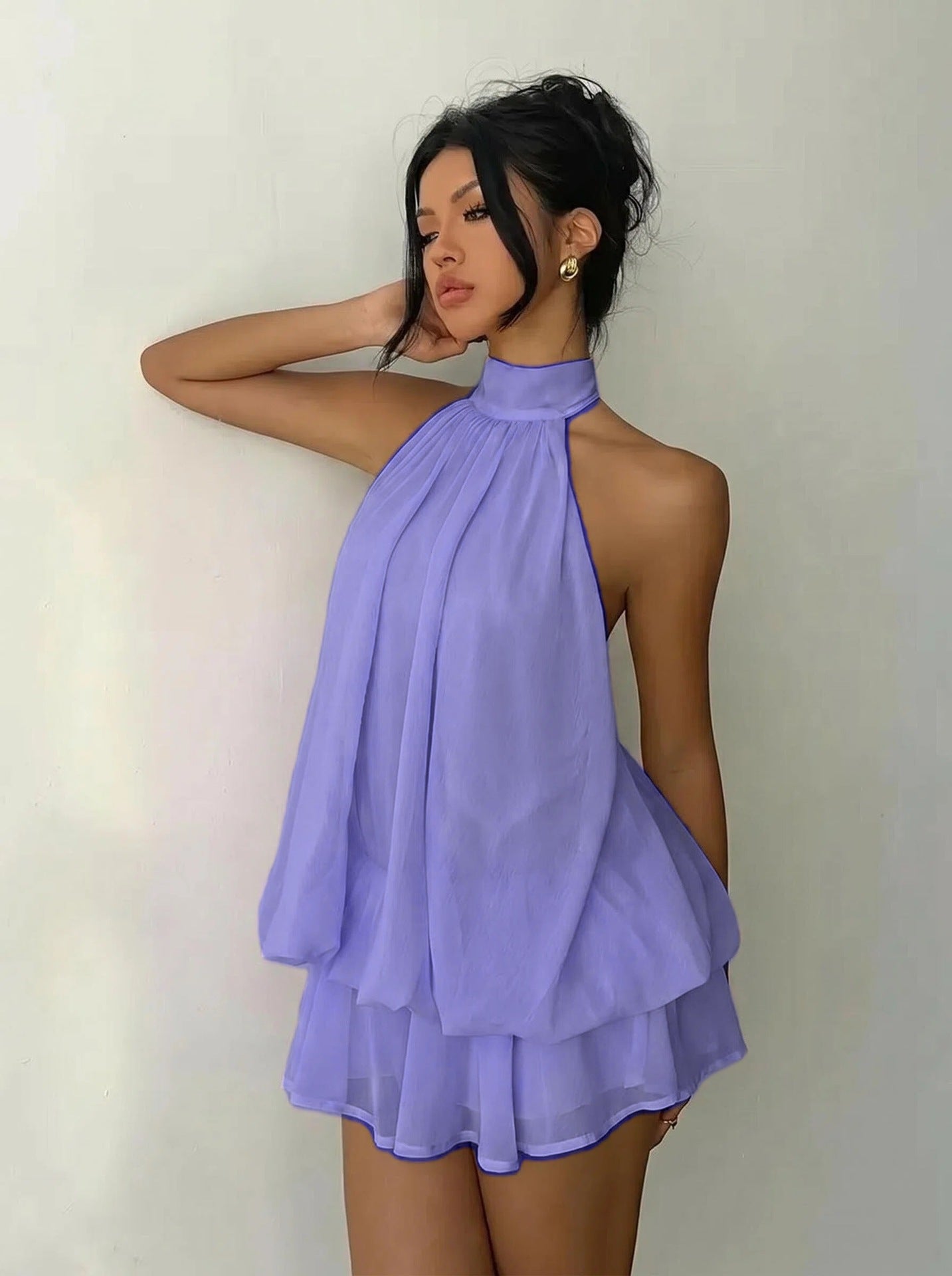 Sexy Chiffon Halter Mini Dress for Women, Island Vacation Backless Flowy Beach Dress, Summer Tea Dress