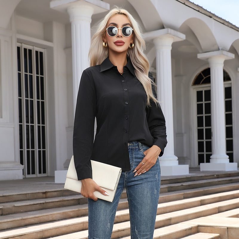 Women's Long Sleeve Button-Down Shirt | Elegant Solid Color Collared Blouse | Casual Office Fashion Top