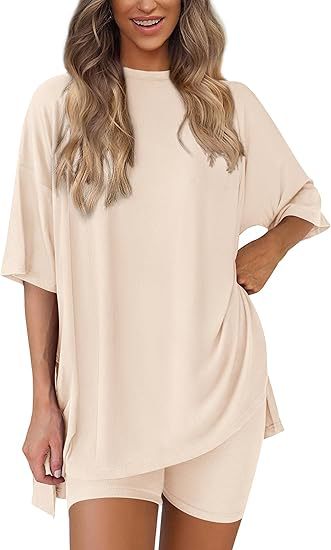 Women's Oversized Lounge Set 2 Piece — Short Sleeve Tee & Biker Shorts | Casual Comfy Matching Outfit