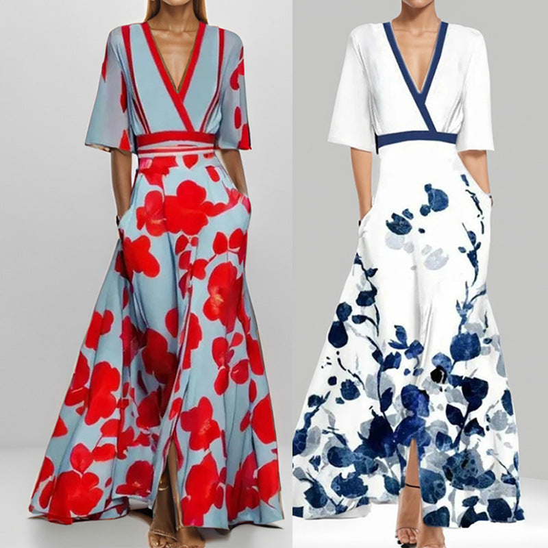 Women's V-Neck Floral Print Maxi Dress — Elegant Fit & Flare Long Dress with Wrap Neckline, Fitted Waistband & Flutter Sleeves, Boho Summer Evening Dress S–XXXL in 16 Prints