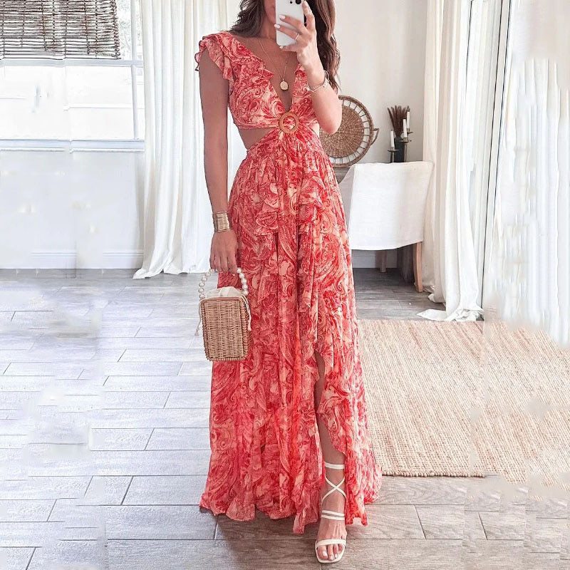 Women's V-Neck Floral Print Maxi Dress — Elegant Fit & Flare Long Dress with Wrap Neckline, Fitted Waistband & Flutter Sleeves, Boho Summer Evening Dress S–XXXL in 16 Prints
