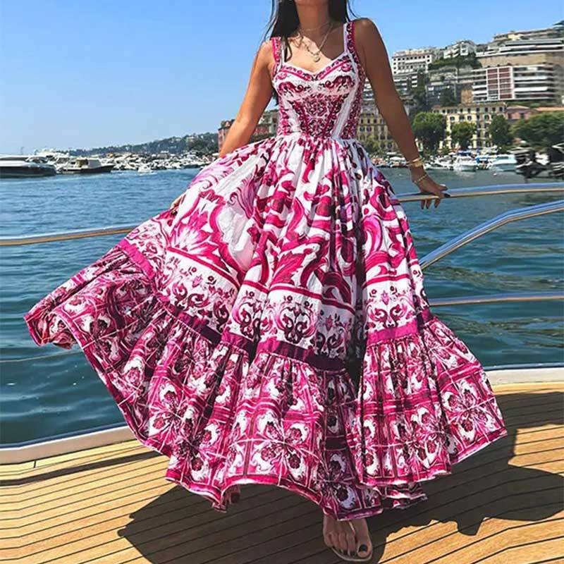 Women's V-Neck Floral Print Maxi Dress — Elegant Fit & Flare Long Dress with Wrap Neckline, Fitted Waistband & Flutter Sleeves, Boho Summer Evening Dress S–XXXL in 16 Prints