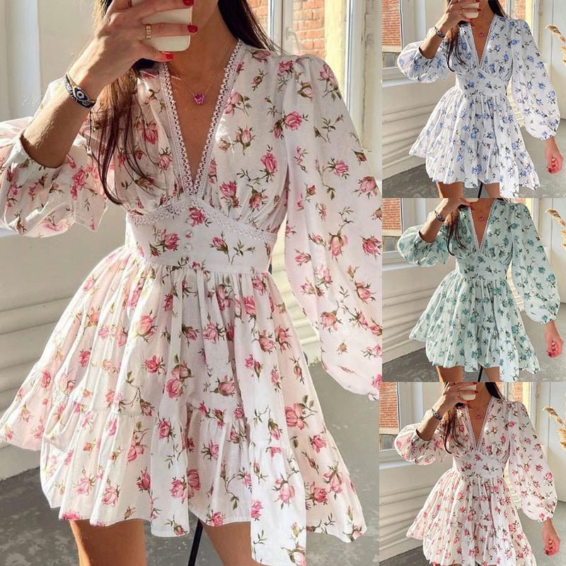 Women's V-Neck Floral Print Maxi Dress — Elegant Fit & Flare Long Dress with Wrap Neckline, Fitted Waistband & Flutter Sleeves, Boho Summer Evening Dress S–XXXL in 16 Prints