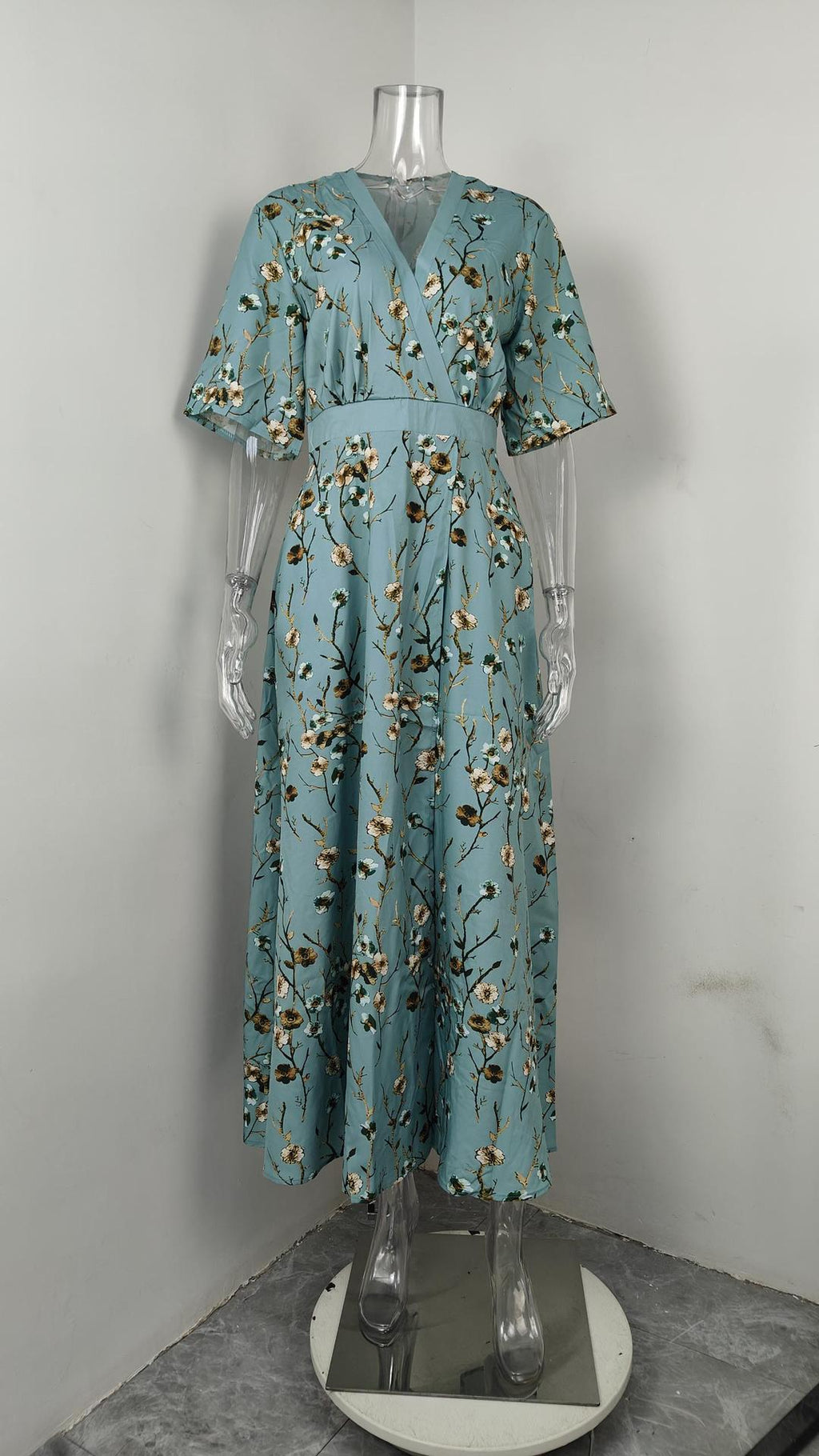Women's V-Neck Floral Print Maxi Dress — Elegant Fit & Flare Long Dress with Wrap Neckline, Fitted Waistband & Flutter Sleeves, Boho Summer Evening Dress S–XXXL in 16 Prints