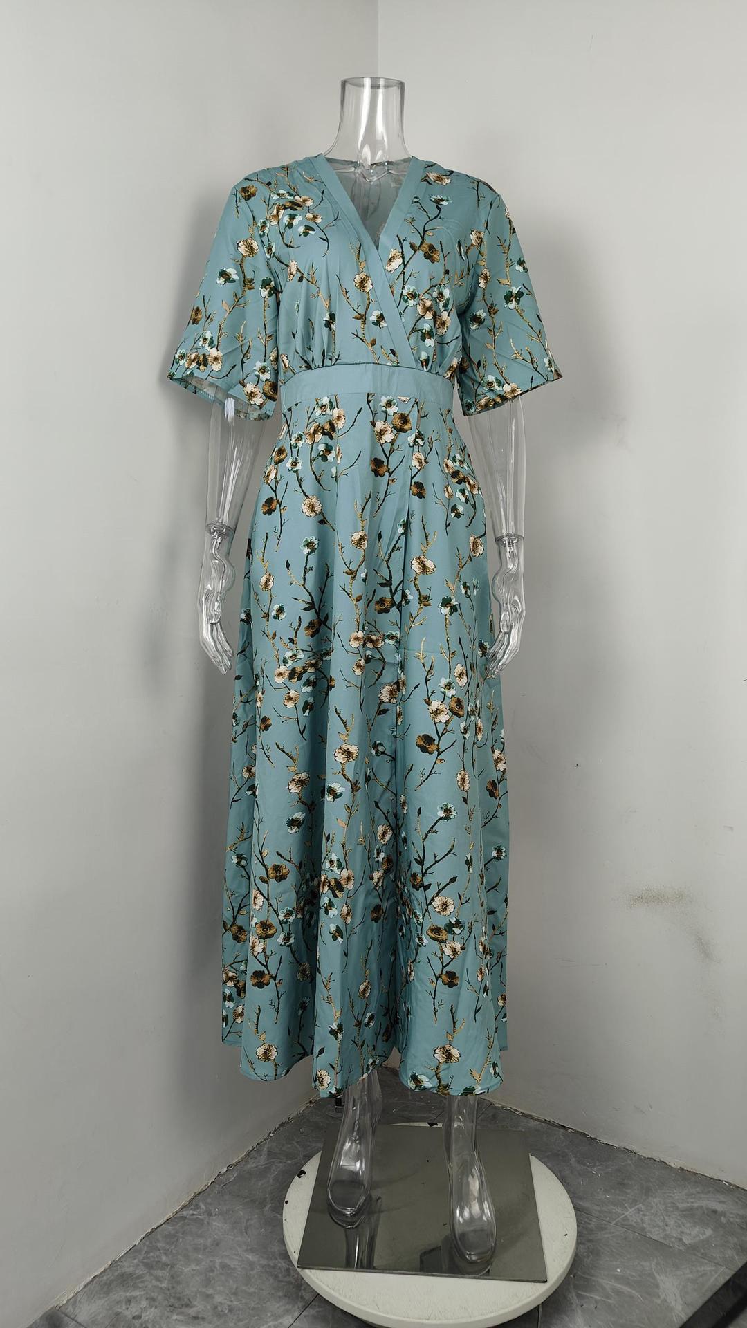 Women's V-Neck Floral Print Maxi Dress — Elegant Fit & Flare Long Dress with Wrap Neckline, Fitted Waistband & Flutter Sleeves, Boho Summer Evening Dress S–XXXL in 16 Prints