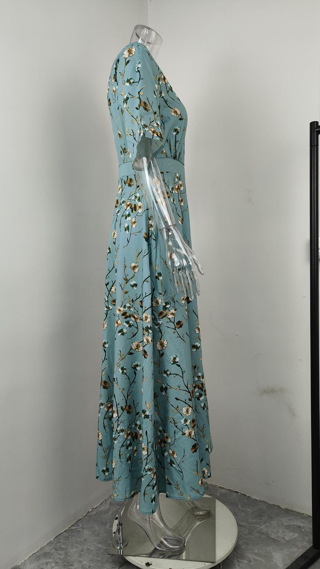 Women's V-Neck Floral Print Maxi Dress — Elegant Fit & Flare Long Dress with Wrap Neckline, Fitted Waistband & Flutter Sleeves, Boho Summer Evening Dress S–XXXL in 16 Prints