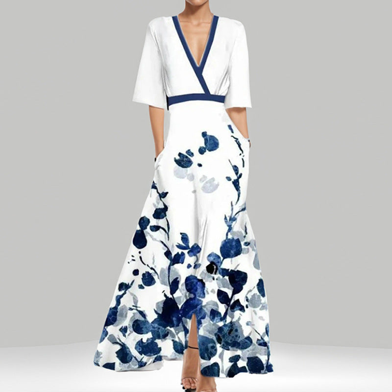 Women's V-Neck Floral Print Maxi Dress — Elegant Fit & Flare Long Dress with Wrap Neckline, Fitted Waistband & Flutter Sleeves, Boho Summer Evening Dress S–XXXL in 16 Prints