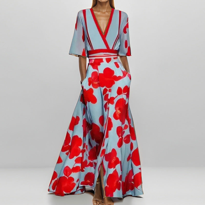 Women's V-Neck Floral Print Maxi Dress — Elegant Fit & Flare Long Dress with Wrap Neckline, Fitted Waistband & Flutter Sleeves, Boho Summer Evening Dress S–XXXL in 16 Prints