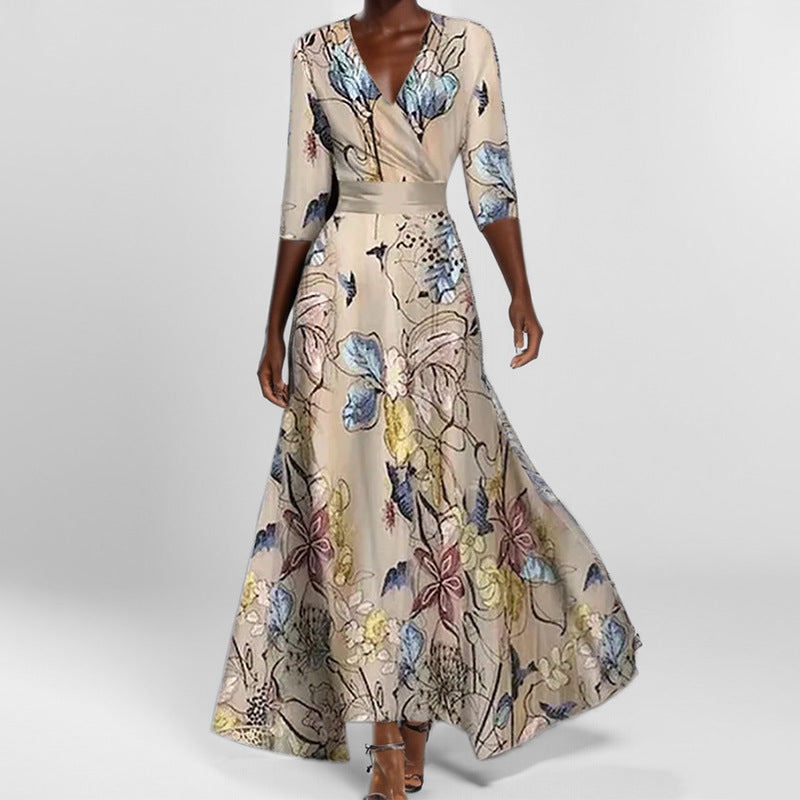 Women's V-Neck Floral Print Maxi Dress — Elegant Fit & Flare Long Dress with Wrap Neckline, Fitted Waistband & Flutter Sleeves, Boho Summer Evening Dress S–XXXL in 16 Prints