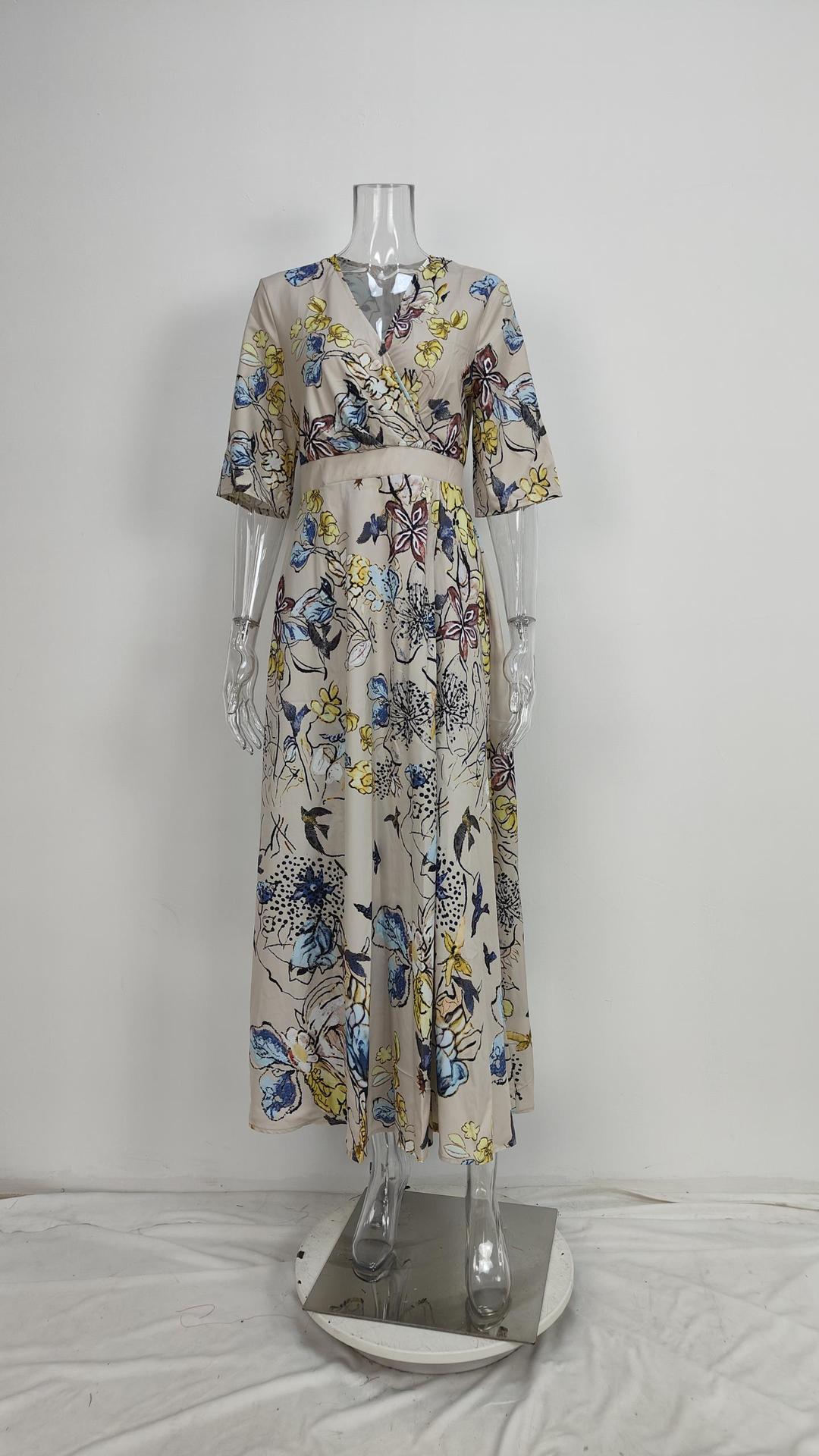 Women's V-Neck Floral Print Maxi Dress — Elegant Fit & Flare Long Dress with Wrap Neckline, Fitted Waistband & Flutter Sleeves, Boho Summer Evening Dress S–XXXL in 16 Prints