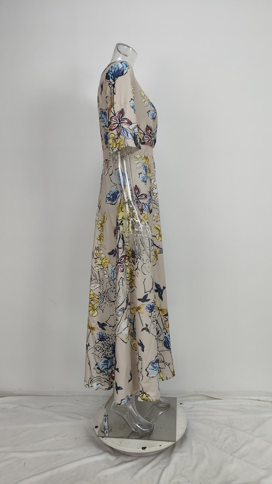 Women's V-Neck Floral Print Maxi Dress — Elegant Fit & Flare Long Dress with Wrap Neckline, Fitted Waistband & Flutter Sleeves, Boho Summer Evening Dress S–XXXL in 16 Prints