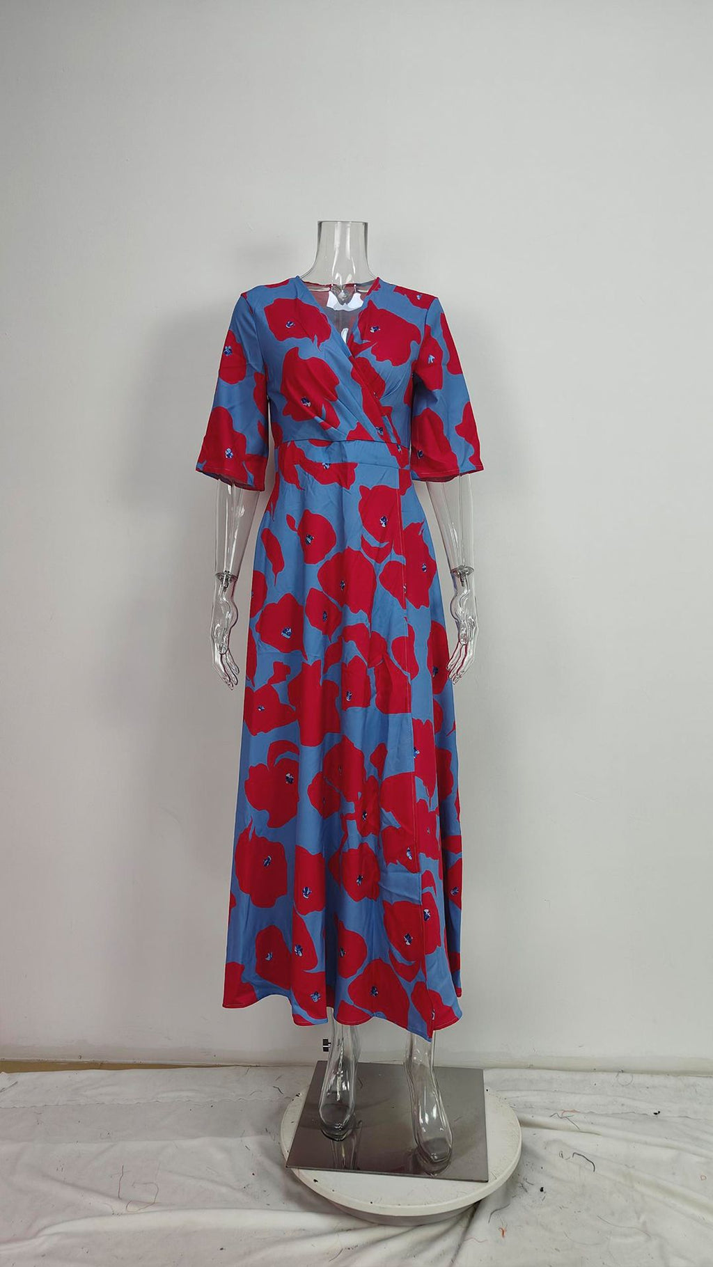 Women's V-Neck Floral Print Maxi Dress — Elegant Fit & Flare Long Dress with Wrap Neckline, Fitted Waistband & Flutter Sleeves, Boho Summer Evening Dress S–XXXL in 16 Prints