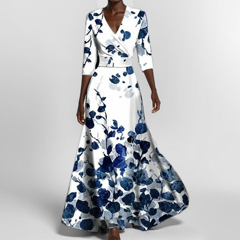 Women's V-Neck Floral Print Maxi Dress — Elegant Fit & Flare Long Dress with Wrap Neckline, Fitted Waistband & Flutter Sleeves, Boho Summer Evening Dress S–XXXL in 16 Prints