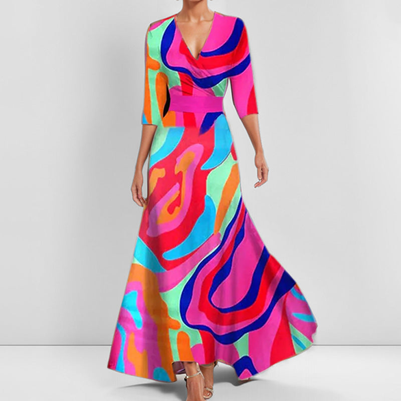 Women's V-Neck Floral Print Maxi Dress — Elegant Fit & Flare Long Dress with Wrap Neckline, Fitted Waistband & Flutter Sleeves, Boho Summer Evening Dress S–XXXL in 16 Prints