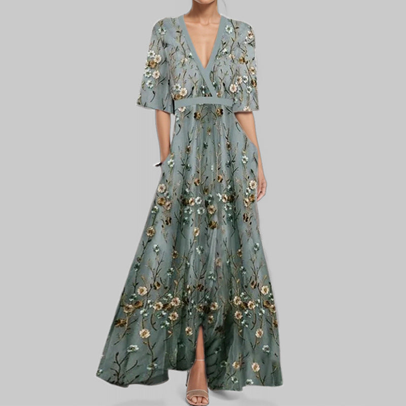 Women's V-Neck Floral Print Maxi Dress — Elegant Fit & Flare Long Dress with Wrap Neckline, Fitted Waistband & Flutter Sleeves, Boho Summer Evening Dress S–XXXL in 16 Prints
