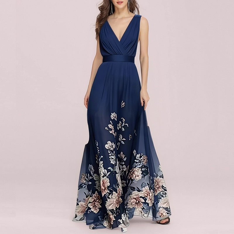 Women's V-Neck Floral Print Maxi Dress — Elegant Fit & Flare Long Dress with Wrap Neckline, Fitted Waistband & Flutter Sleeves, Boho Summer Evening Dress S–XXXL in 16 Prints