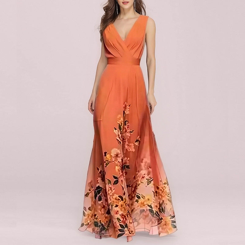 Women's V-Neck Floral Print Maxi Dress — Elegant Fit & Flare Long Dress with Wrap Neckline, Fitted Waistband & Flutter Sleeves, Boho Summer Evening Dress S–XXXL in 16 Prints