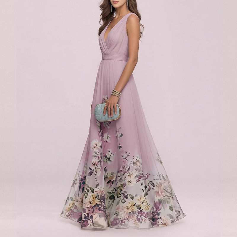 Women's V-Neck Floral Print Maxi Dress — Elegant Fit & Flare Long Dress with Wrap Neckline, Fitted Waistband & Flutter Sleeves, Boho Summer Evening Dress S–XXXL in 16 Prints