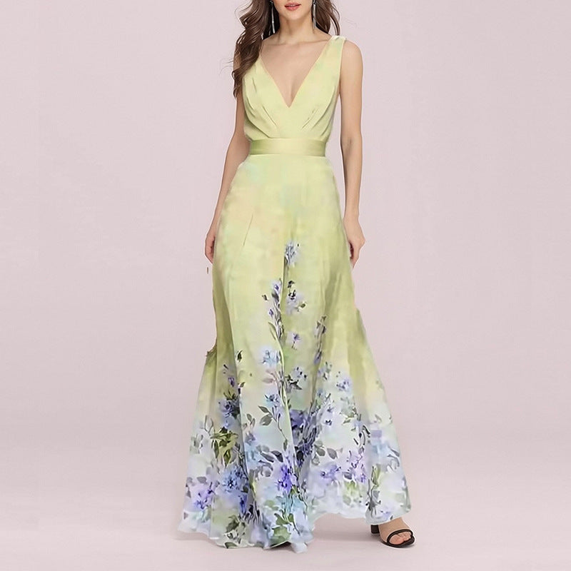 Women's V-Neck Floral Print Maxi Dress — Elegant Fit & Flare Long Dress with Wrap Neckline, Fitted Waistband & Flutter Sleeves, Boho Summer Evening Dress S–XXXL in 16 Prints