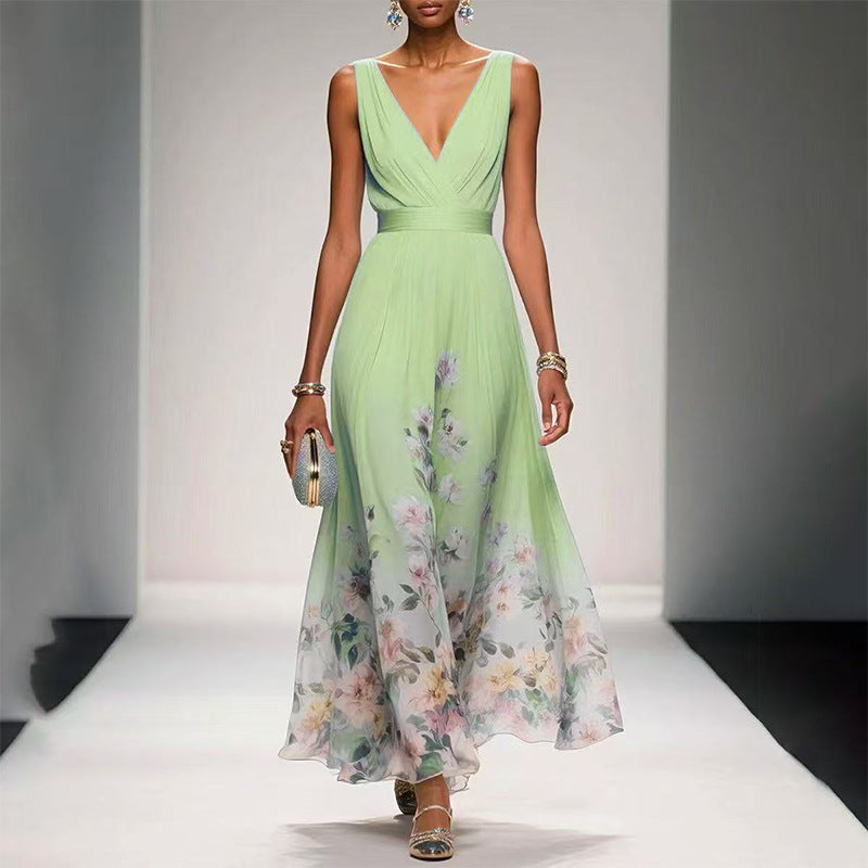 Women's V-Neck Floral Print Maxi Dress — Elegant Fit & Flare Long Dress with Wrap Neckline, Fitted Waistband & Flutter Sleeves, Boho Summer Evening Dress S–XXXL in 16 Prints