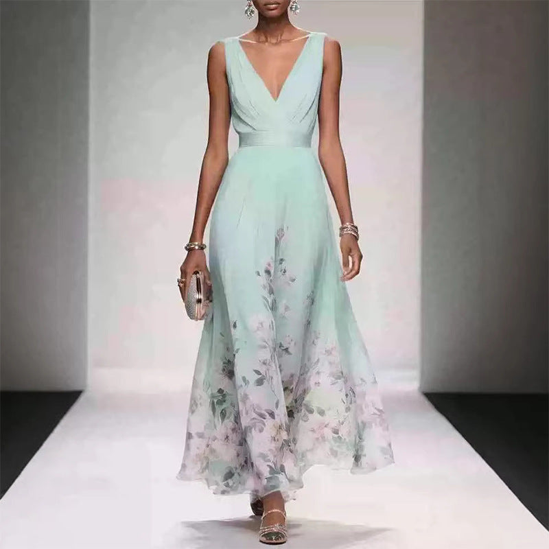 Women's V-Neck Floral Print Maxi Dress — Elegant Fit & Flare Long Dress with Wrap Neckline, Fitted Waistband & Flutter Sleeves, Boho Summer Evening Dress S–XXXL in 16 Prints