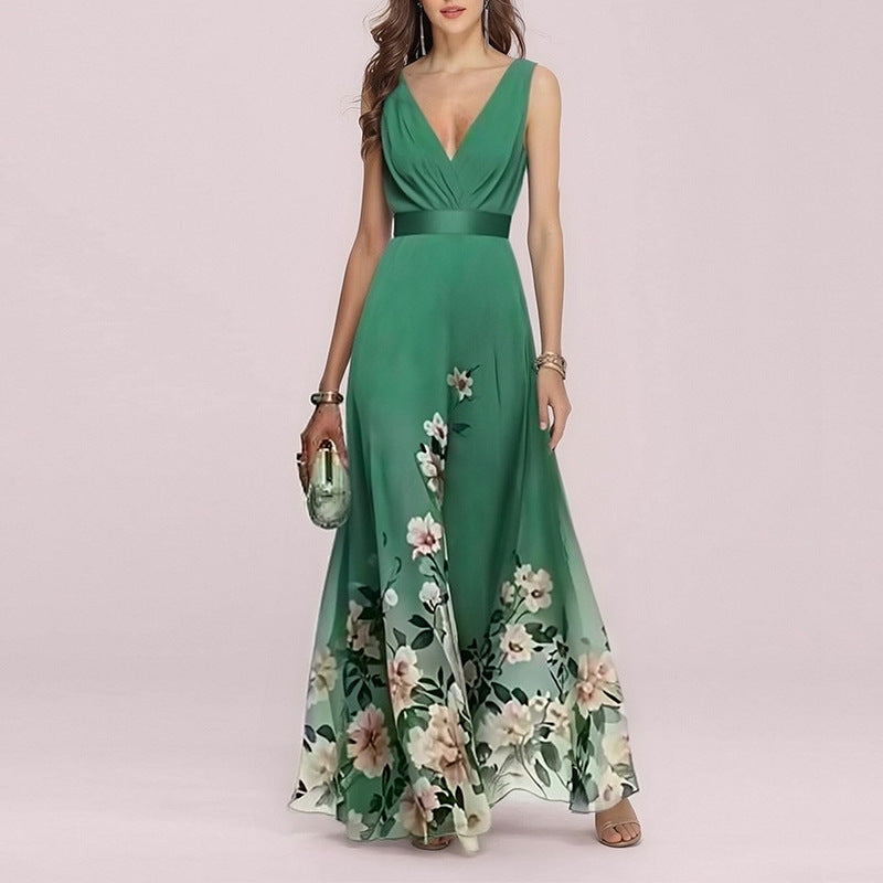 Women's V-Neck Floral Print Maxi Dress — Elegant Fit & Flare Long Dress with Wrap Neckline, Fitted Waistband & Flutter Sleeves, Boho Summer Evening Dress S–XXXL in 16 Prints