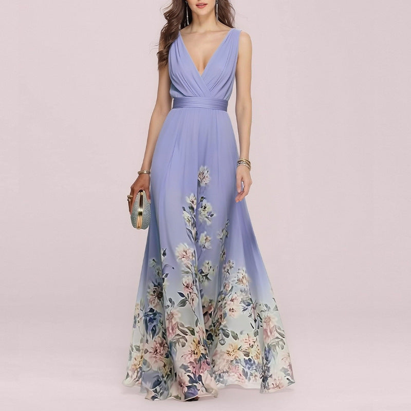 Women's V-Neck Floral Print Maxi Dress — Elegant Fit & Flare Long Dress with Wrap Neckline, Fitted Waistband & Flutter Sleeves, Boho Summer Evening Dress S–XXXL in 16 Prints