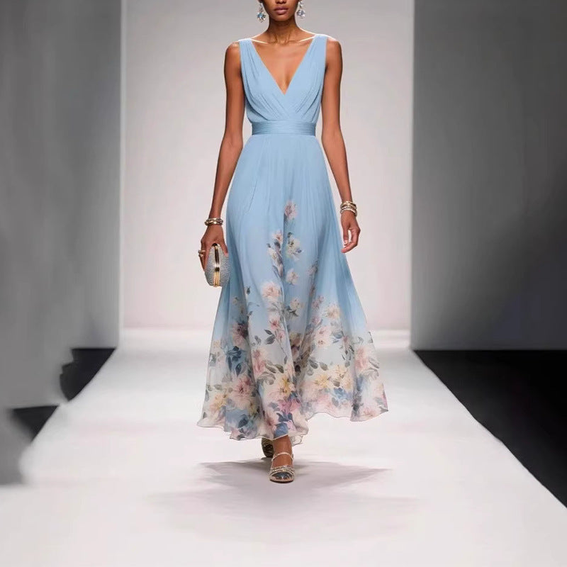 Women's V-Neck Floral Print Maxi Dress — Elegant Fit & Flare Long Dress with Wrap Neckline, Fitted Waistband & Flutter Sleeves, Boho Summer Evening Dress S–XXXL in 16 Prints