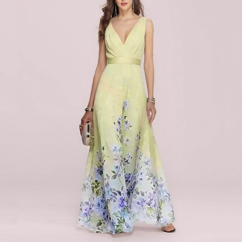 Women's V-Neck Floral Print Maxi Dress — Elegant Fit & Flare Long Dress with Wrap Neckline, Fitted Waistband & Flutter Sleeves, Boho Summer Evening Dress S–XXXL in 16 Prints