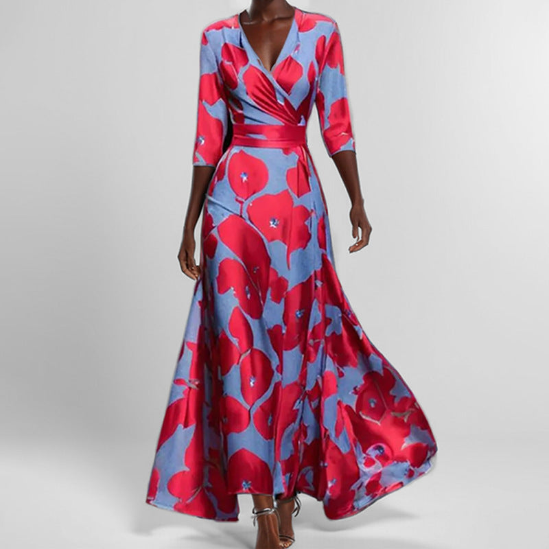 Women's V-Neck Floral Print Maxi Dress — Elegant Fit & Flare Long Dress with Wrap Neckline, Fitted Waistband & Flutter Sleeves, Boho Summer Evening Dress S–XXXL in 16 Prints