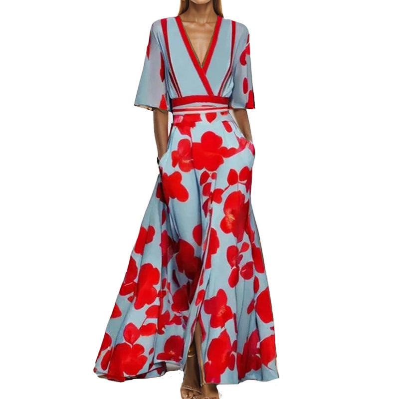 Women's V-Neck Floral Print Maxi Dress — Elegant Fit & Flare Long Dress with Wrap Neckline, Fitted Waistband & Flutter Sleeves, Boho Summer Evening Dress S–XXXL in 16 Prints