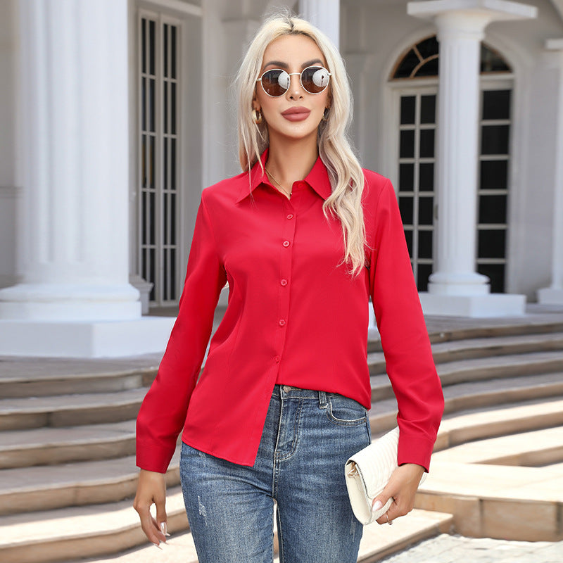 Women's Long Sleeve Button-Down Shirt | Elegant Solid Color Collared Blouse | Casual Office Fashion Top