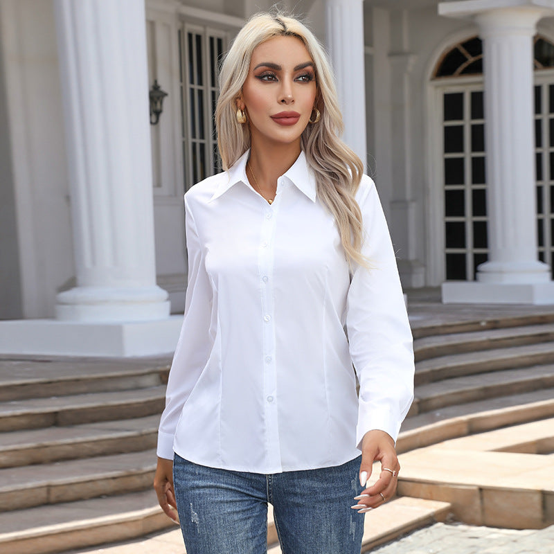 Women's Long Sleeve Button-Down Shirt | Elegant Solid Color Collared Blouse | Casual Office Fashion Top